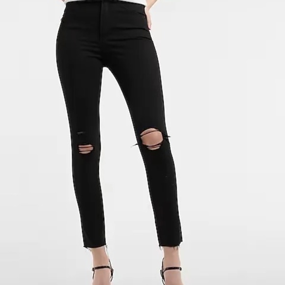 Express Skinny High Rise Skinny Denim Jeans - Black Distressed - Size 6 - Picture 1 of 9